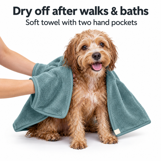 PawDry Pocket Towel — Dry off after walks & baths. Soft towel with two hand pockets